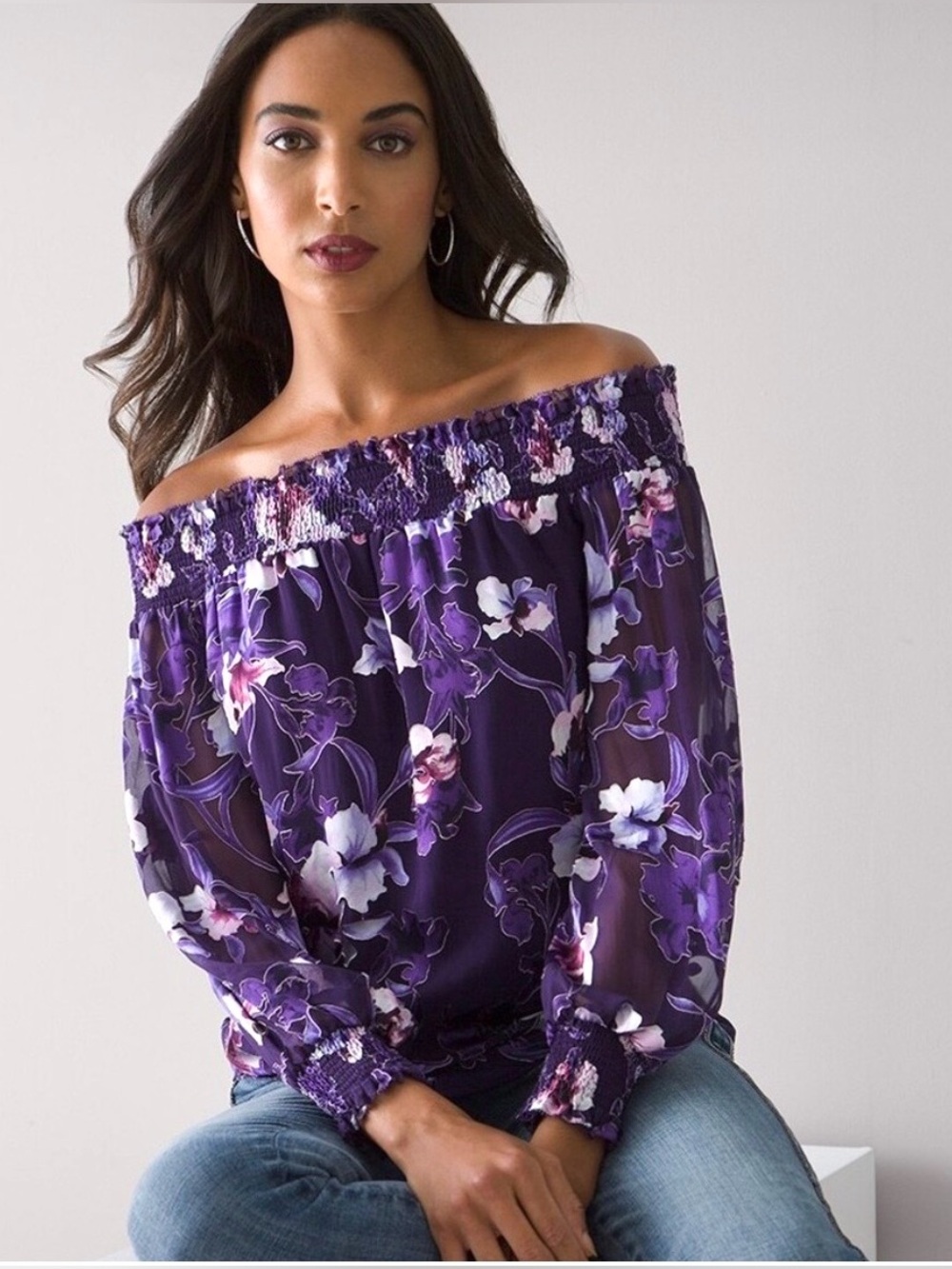White House Black Market Silk Burnout Floral Off Shoulder Top L Purple Smock NWT
